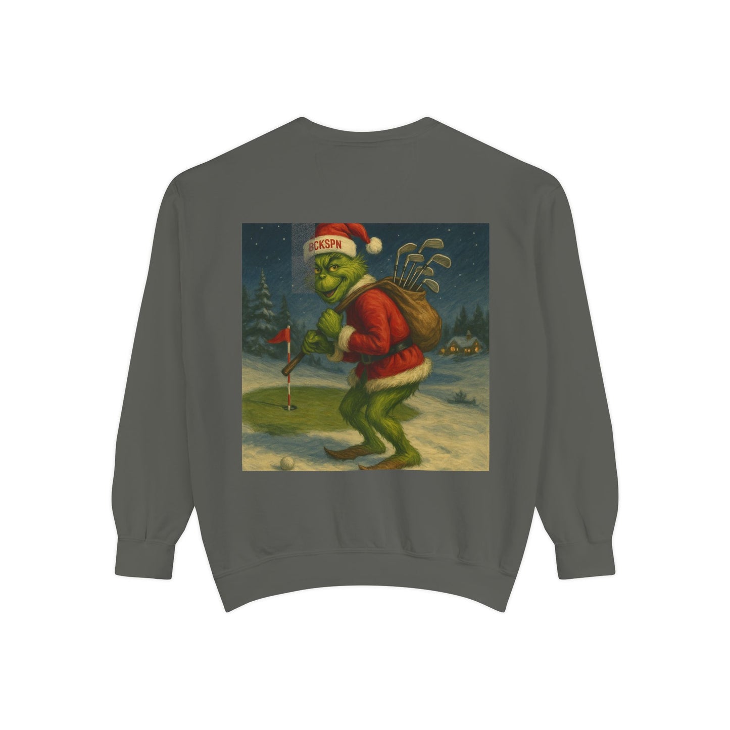 Grinch Golf Sweatshirt — BCKSPN Green Lettering Holiday Pullover