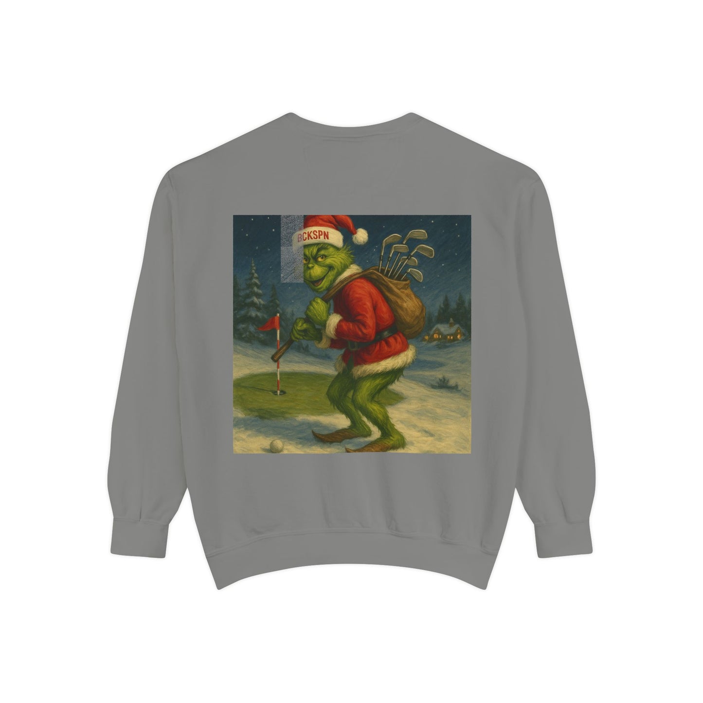 Grinch Golf Sweatshirt — BCKSPN Green Lettering Holiday Pullover