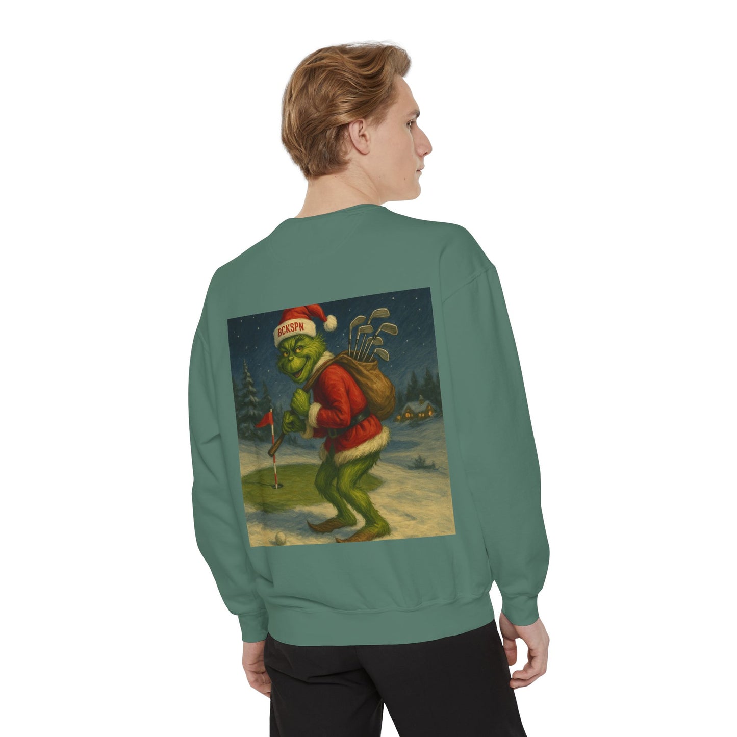 Grinch Golf Sweatshirt — BCKSPN Green Lettering Holiday Pullover