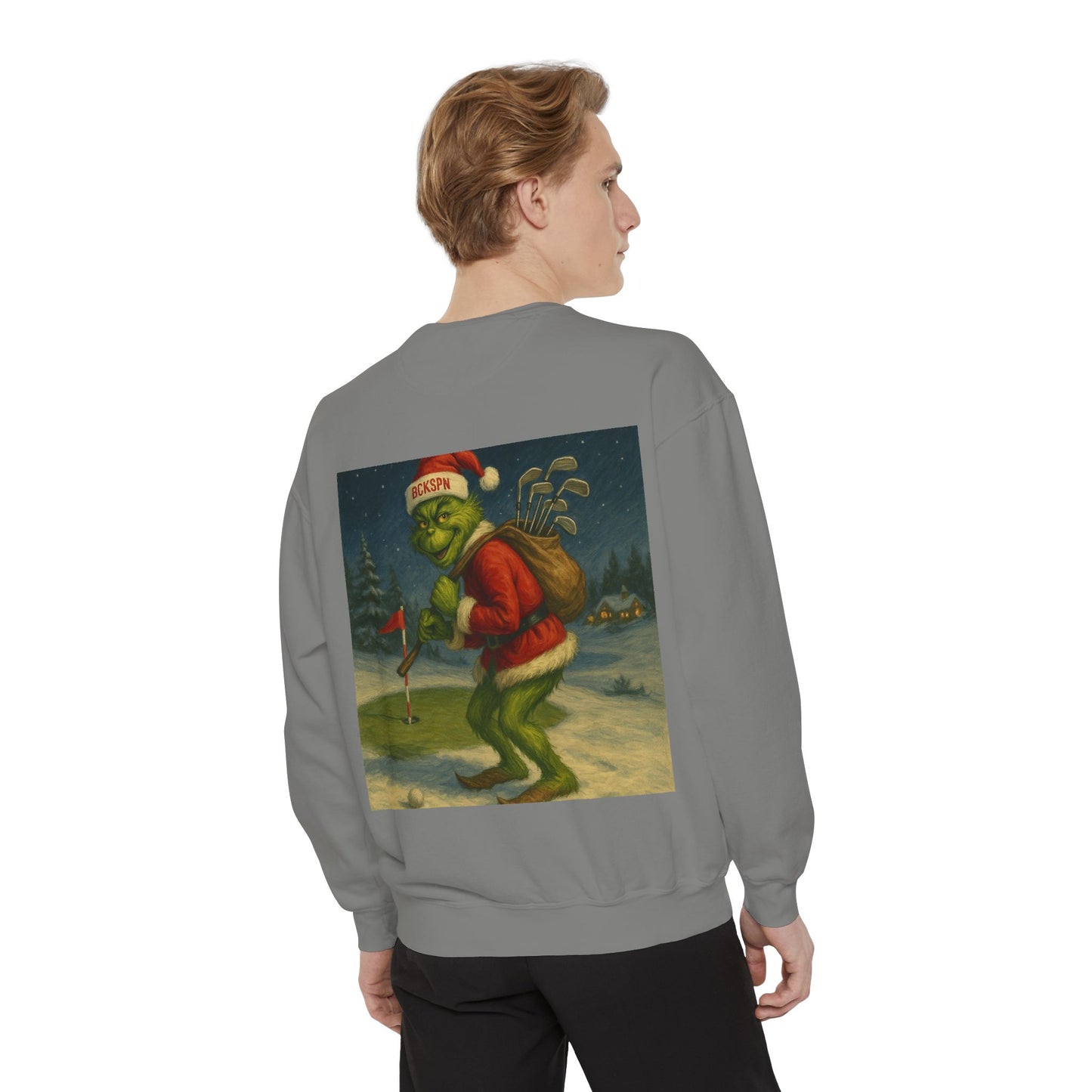 Grinch Golf Sweatshirt — BCKSPN Green Lettering Holiday Pullover